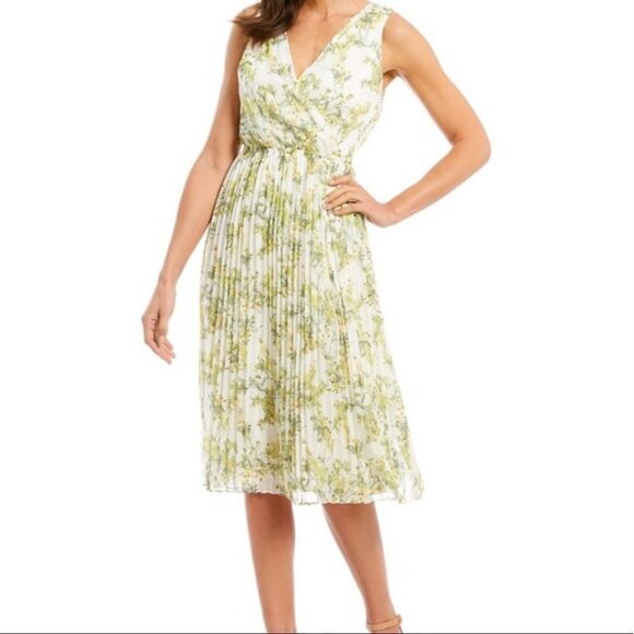 ALEX‎ MARIE Pleated Chiffon Midi Dress Sleeveless V-Neck Green Floral Size 4 - Picture 1 of 14